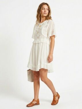 Ranna Gill Anthropologie White Embroidered Swiss Dot Boho Dress L